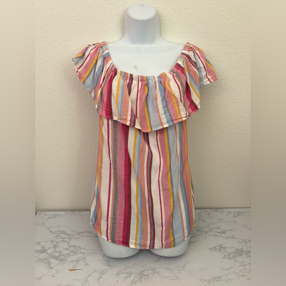 I.N.C. International Concepts Womens Striped Ruffle Blouse Top Sz L Layered